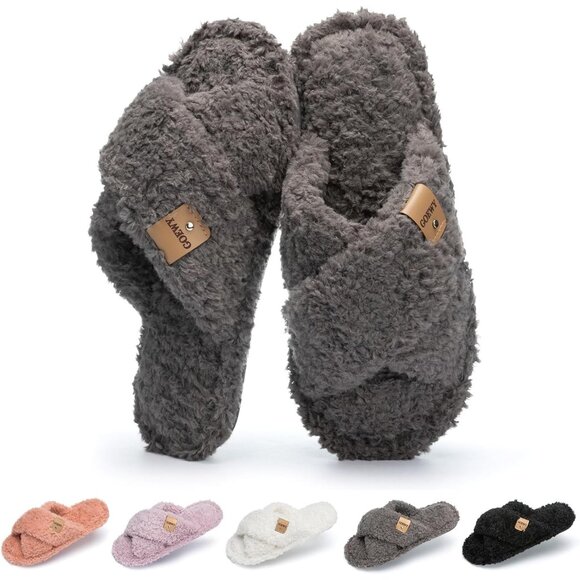 ⚡Women’s Grey Faux Fur Cozy Fuzzy Cross Band Slippers Indoor House Shoes - Picture 1 of 6